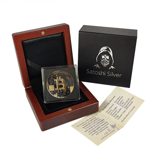 Pièce Bitcoin en Argent – Dolphin – Black Ruthenium + Gold (21g Argent Fin 999)