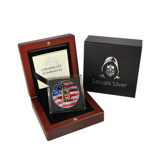 Pièce Bitcoin en Argent – USA Unlimited – Silver + Gold + Color Effect (21g Argent Fin 999)