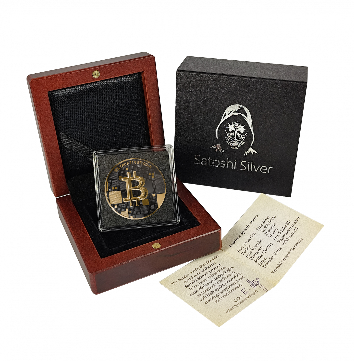 Pièce Bitcoin en Argent – Dolphin – Black Ruthenium + Gold (21g Argent Fin 999)