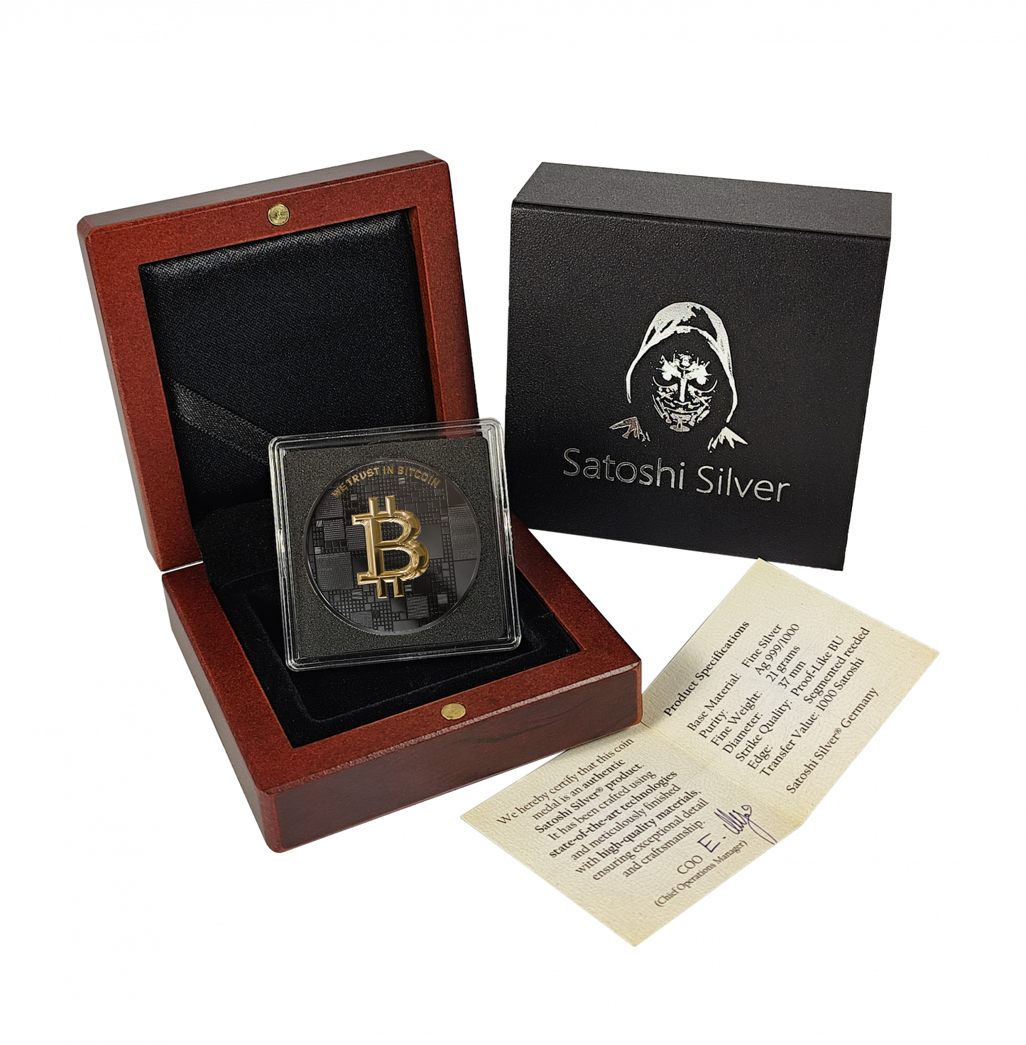 Pièce Bitcoin en Argent – Fish – Black Ruthenium + Gold (21g Argent Fin 999)