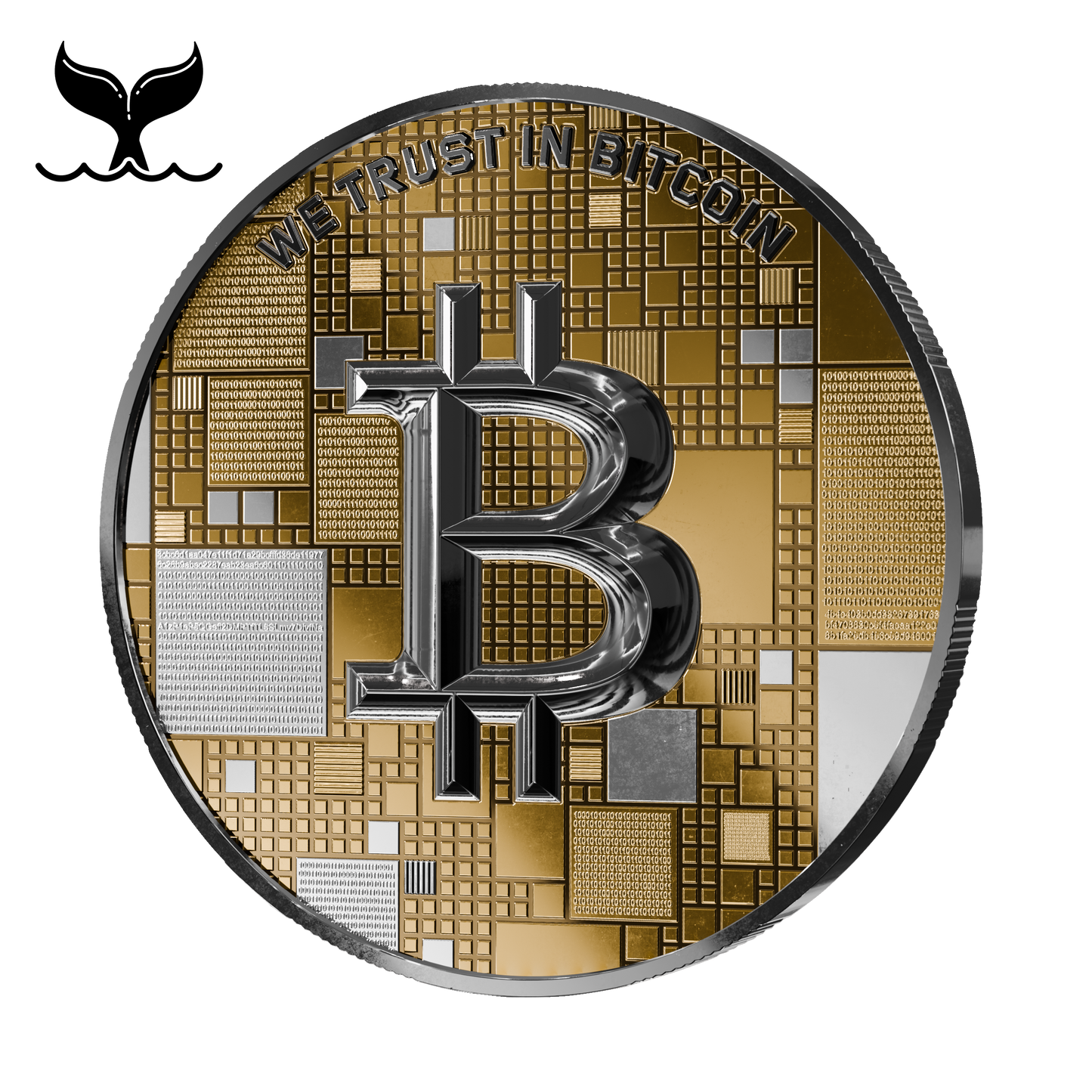 Pièce Bitcoin en Argent – Humpback Whale – Gold + White Platinum + Black Rhodium (21g Argent Fin 999)
