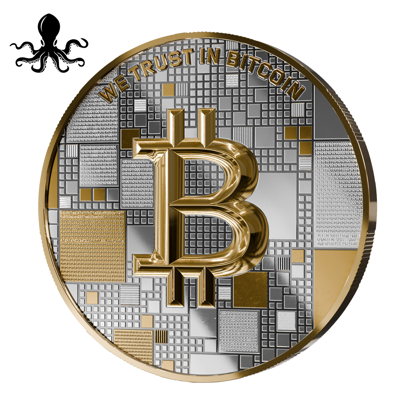 Pièce Bitcoin en Argent – Octopus – Gold + Silver (21g Argent Fin 999)
