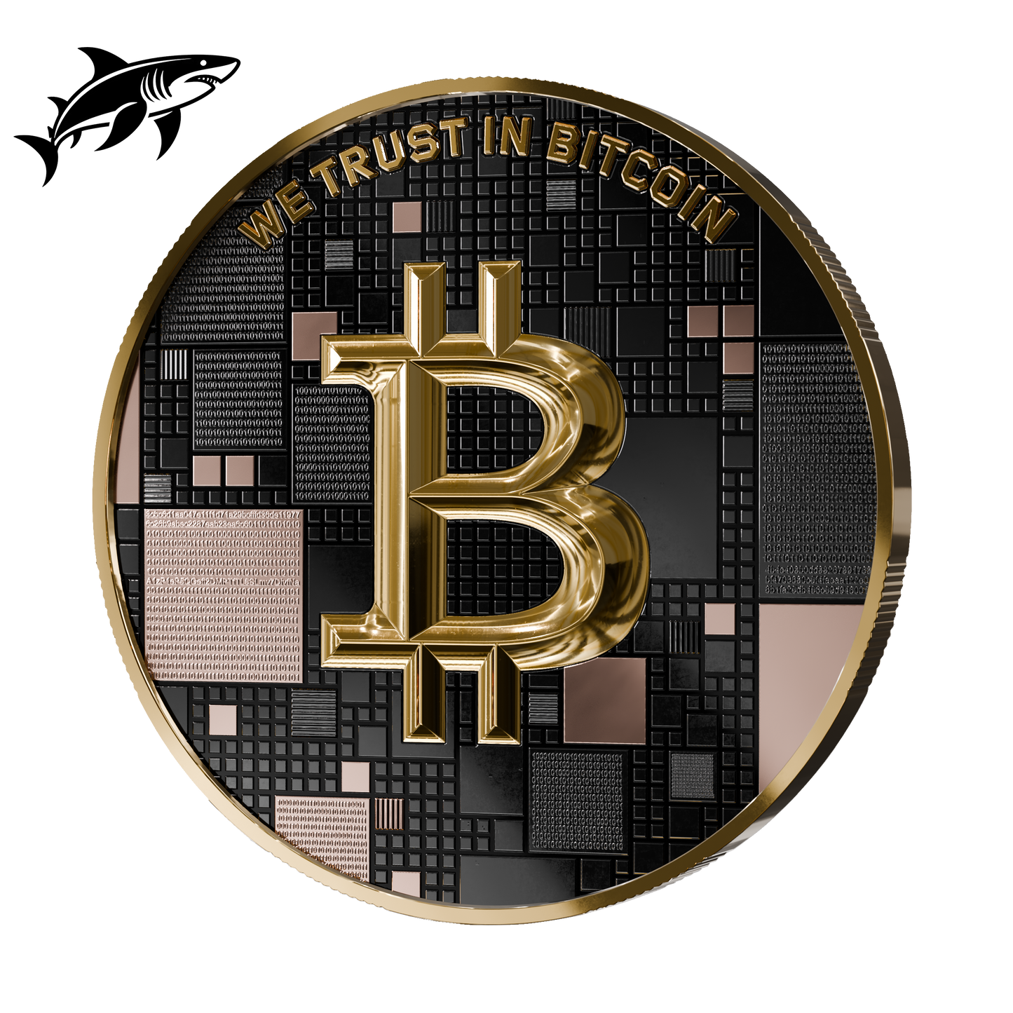 Pièce Bitcoin en Argent – Shark – Black Platinum + Red Gold + Gold (21g Argent Fin 999)