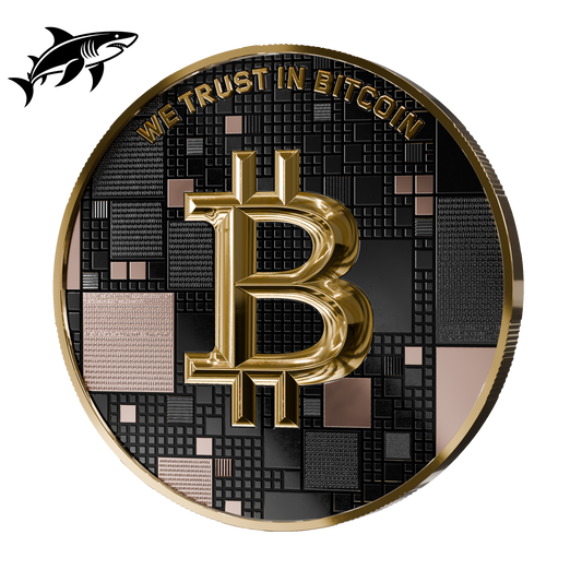 Pièce Bitcoin en Argent – Shark – Black Platinum + Red Gold + Gold (21g Argent Fin 999)