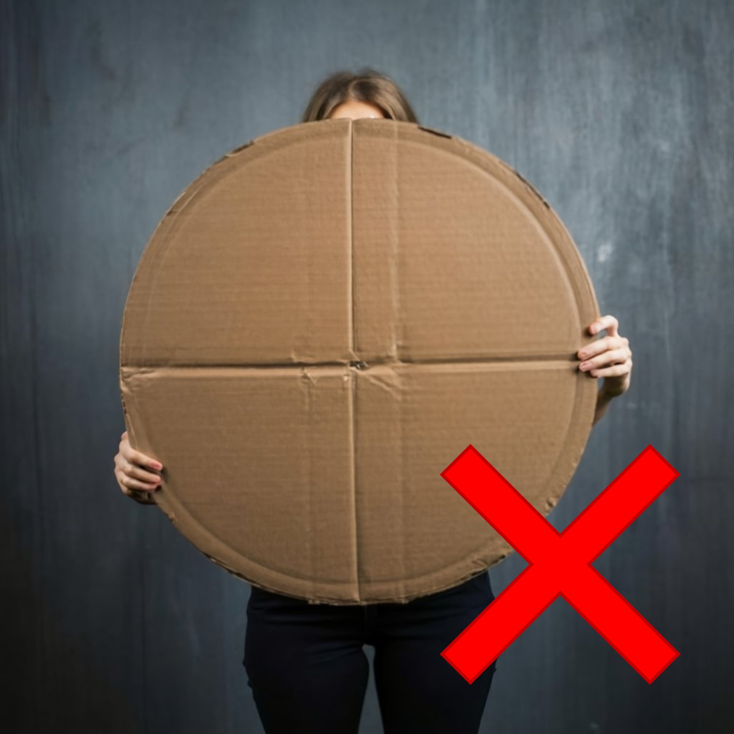 Woman holding a cardboard shield