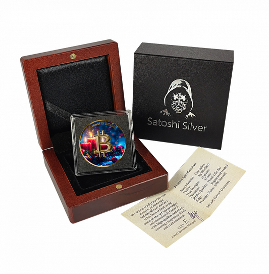Pièce Bitcoin en Argent – X-MAS 2025 Unlimited – Gold + Color Effect (21g 999 Fine Silver)