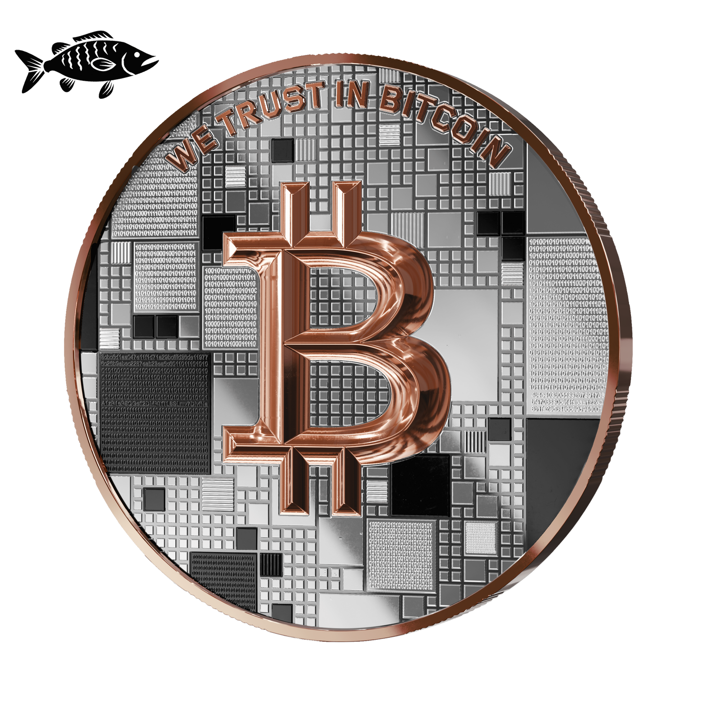 Pièce d'argent Bitcoin – Fish – Or rosé + Ruthénium – Édition 2026 (21g argent fin 999)
