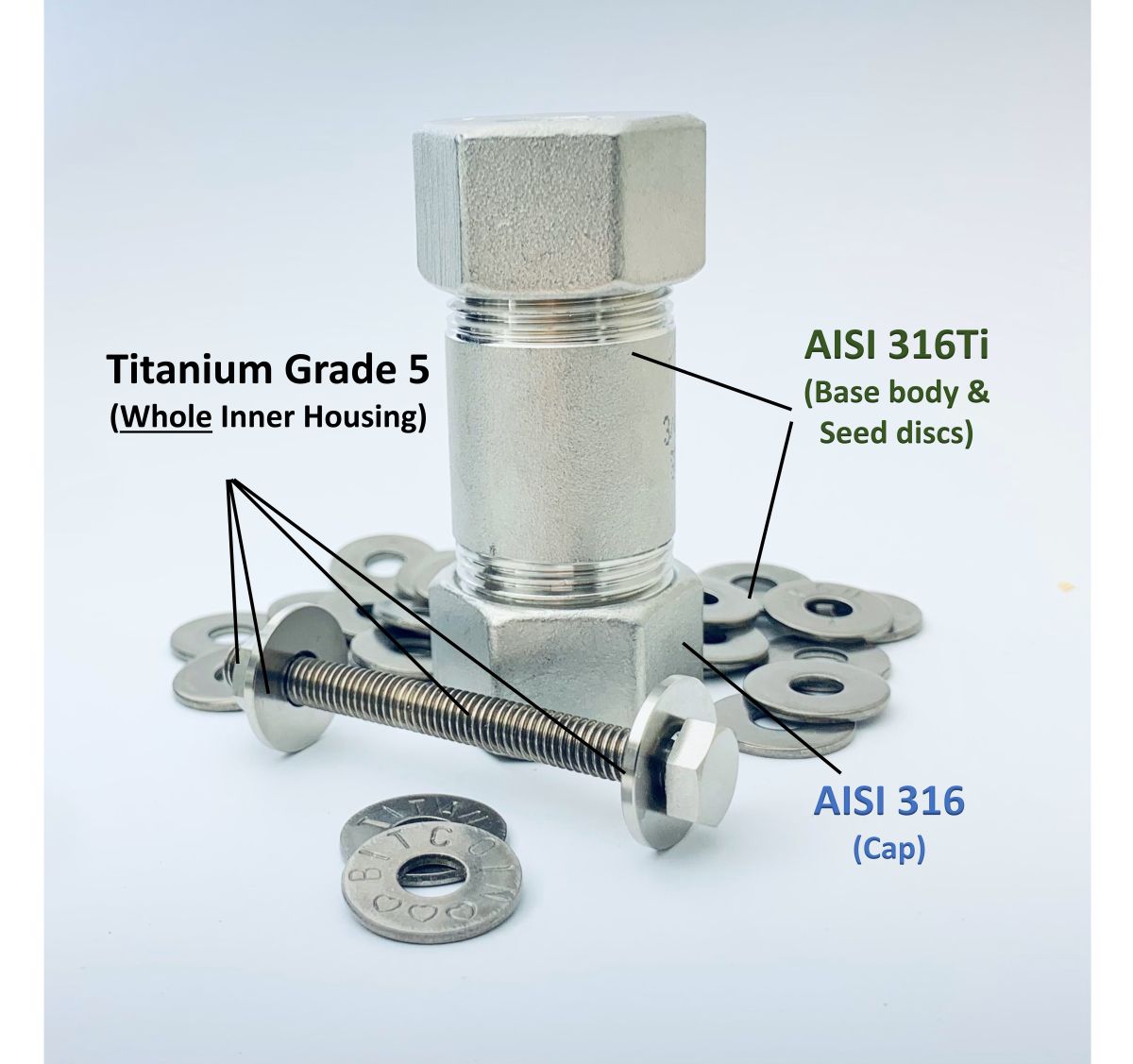 Material illustration of the Titan Wallet - AISI316TI for Base Body and Seed Discs, Titanium Grade 5 for the inner, AISI 316 for the Caps.
