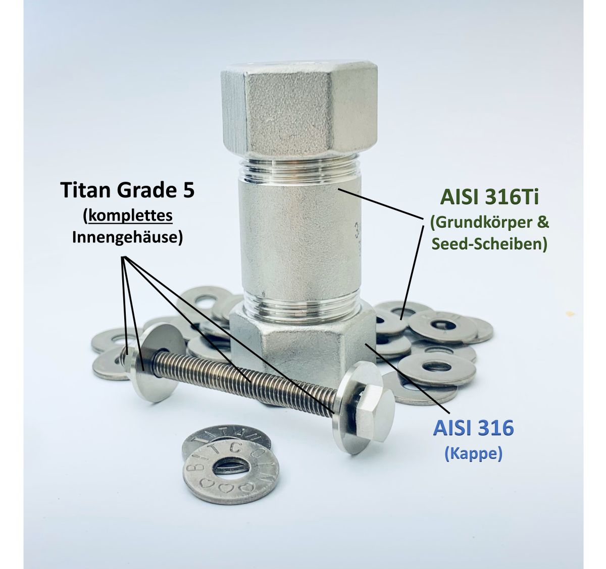 Materialkennzeichnung der Titan Wallet - AISI316TI für Grundkörper und Scheiben, Titan Grade 5 für das Innengehäuse, AISI 316 für die Kappen.