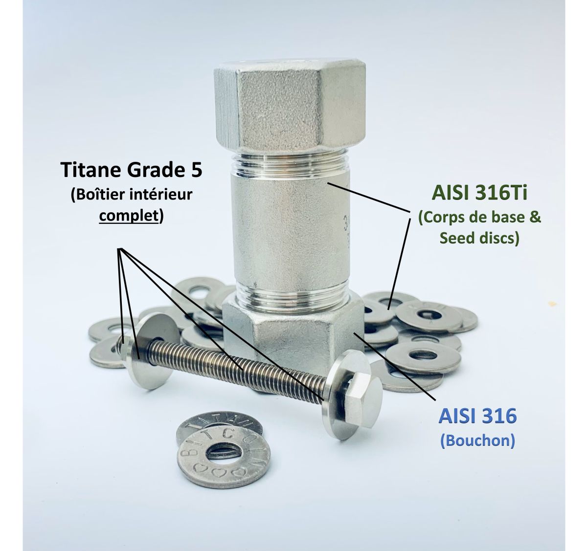 Illustration des matériaux du portefeuille Titan - AISI316TI pour le corps de base et les Seed disques, Titane Grade 5 pour l'intérieur, AISI 316 pour les bouchons.